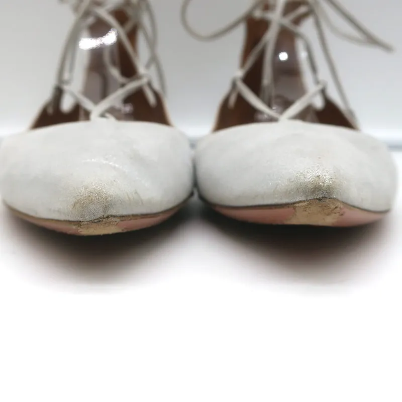 Aquazzura Christy Schnürer mit Spitzenkappe in Silber Metallic Wildleder Größe 40