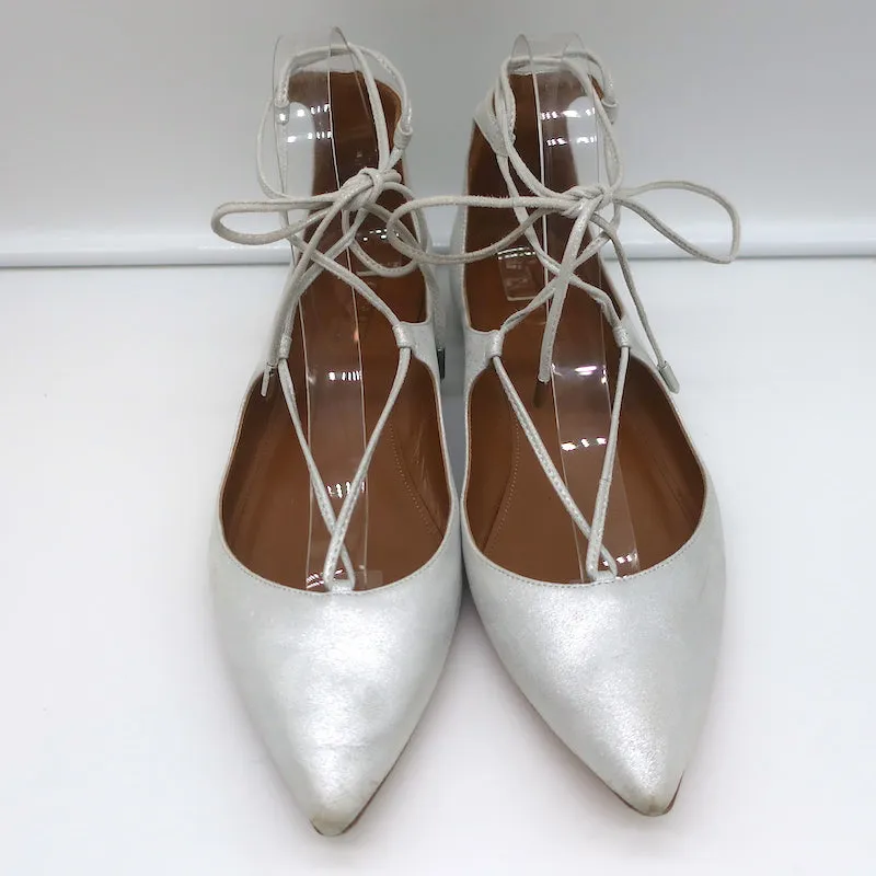 Aquazzura Christy Schnürer mit Spitzenkappe in Silber Metallic Wildleder Größe 40
