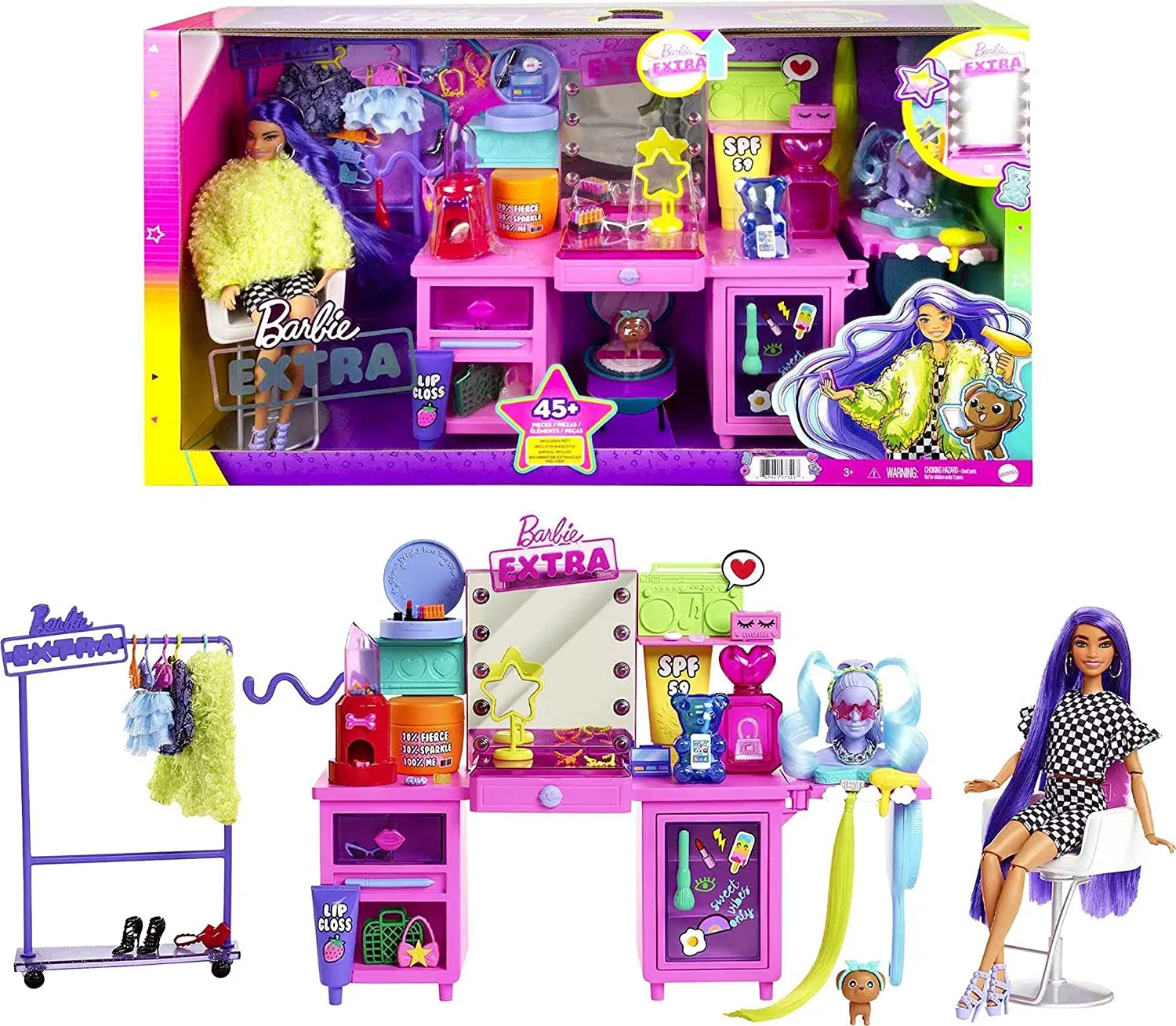 Barbie Puppen Barbie Extra Puppe & Schminktisch-Spielset mit exklusiver Puppe, Haustier-Hund & 45  Teilen inklusive Schminktisch, Kleiderständer mit Rollen, beleuchtetem Spiegel, Kleidung & Zubehör