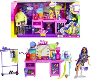 Barbie Puppen Barbie Extra Puppe & Schminktisch-Spielset mit exklusiver Puppe, Haustier-Hund & 45  Teilen inklusive Schminktisch, Kleiderständer mit Rollen, beleuchtetem Spiegel, Kleidung & Zubehör