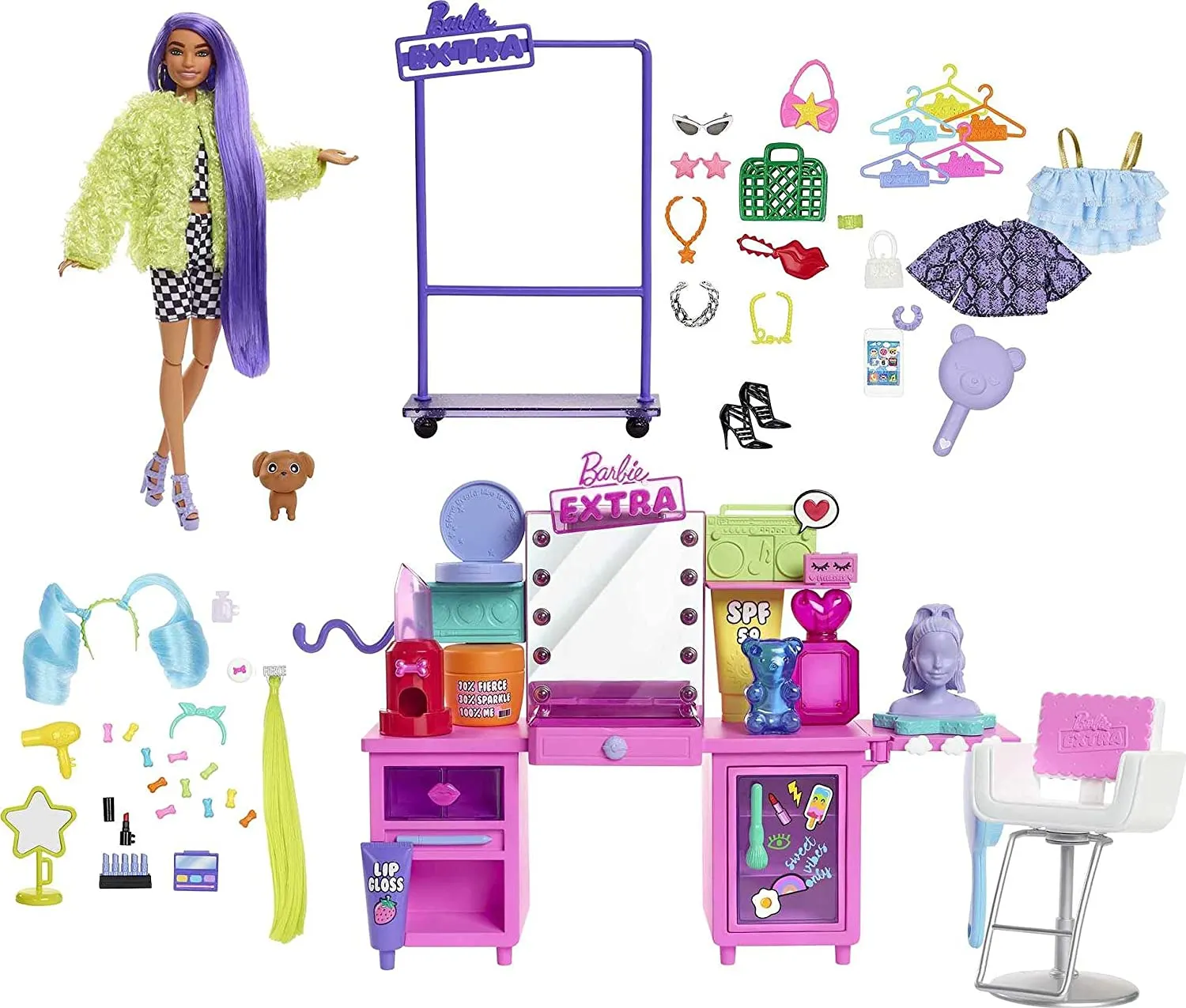 Barbie Puppen Barbie Extra Puppe & Schminktisch-Spielset mit exklusiver Puppe, Haustier-Hund & 45  Teilen inklusive Schminktisch, Kleiderständer mit Rollen, beleuchtetem Spiegel, Kleidung & Zubehör