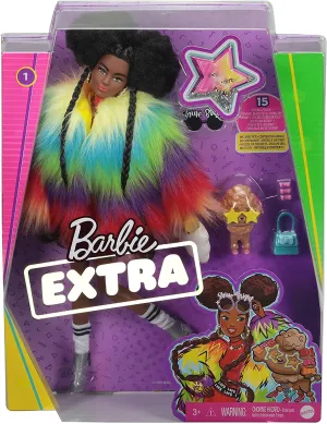Barbie Puppe Extra mit Regenbogenmantel und Haustierhund Spielzeug