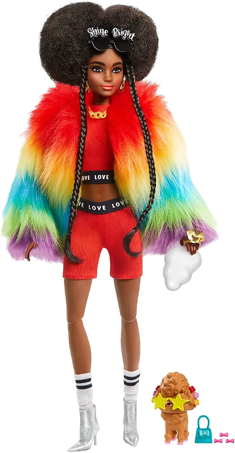 Barbie Puppe Extra mit Regenbogenmantel und Haustierhund Spielzeug