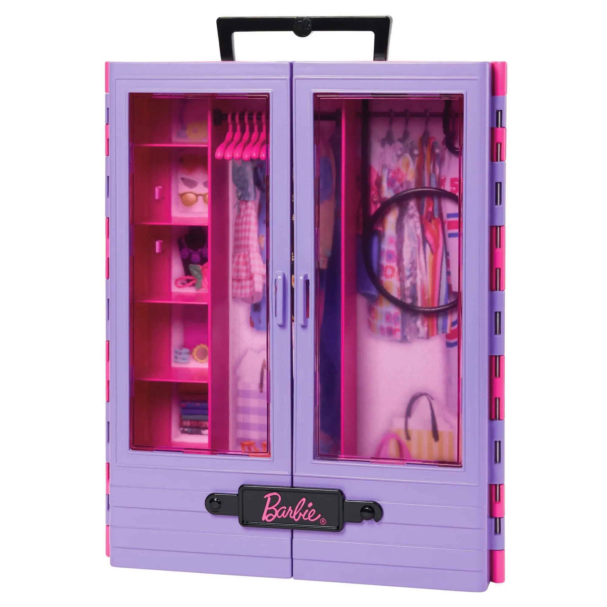 Barbie Puppen Barbie Fashionistas Ultimativer Kleiderschrank und Puppenspielset mit 3 Outfits, 6 Kleiderbügeln und 15 Accessoires (HJL66)