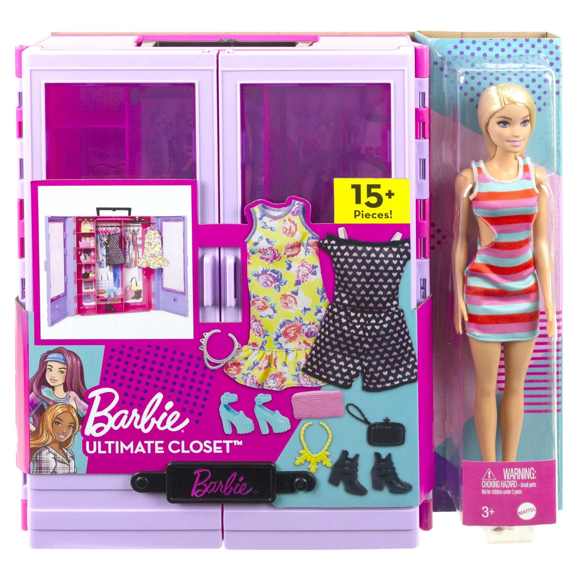 Barbie Puppen Barbie Fashionistas Ultimativer Kleiderschrank und Puppenspielset mit 3 Outfits, 6 Kleiderbügeln und 15 Accessoires (HJL66)