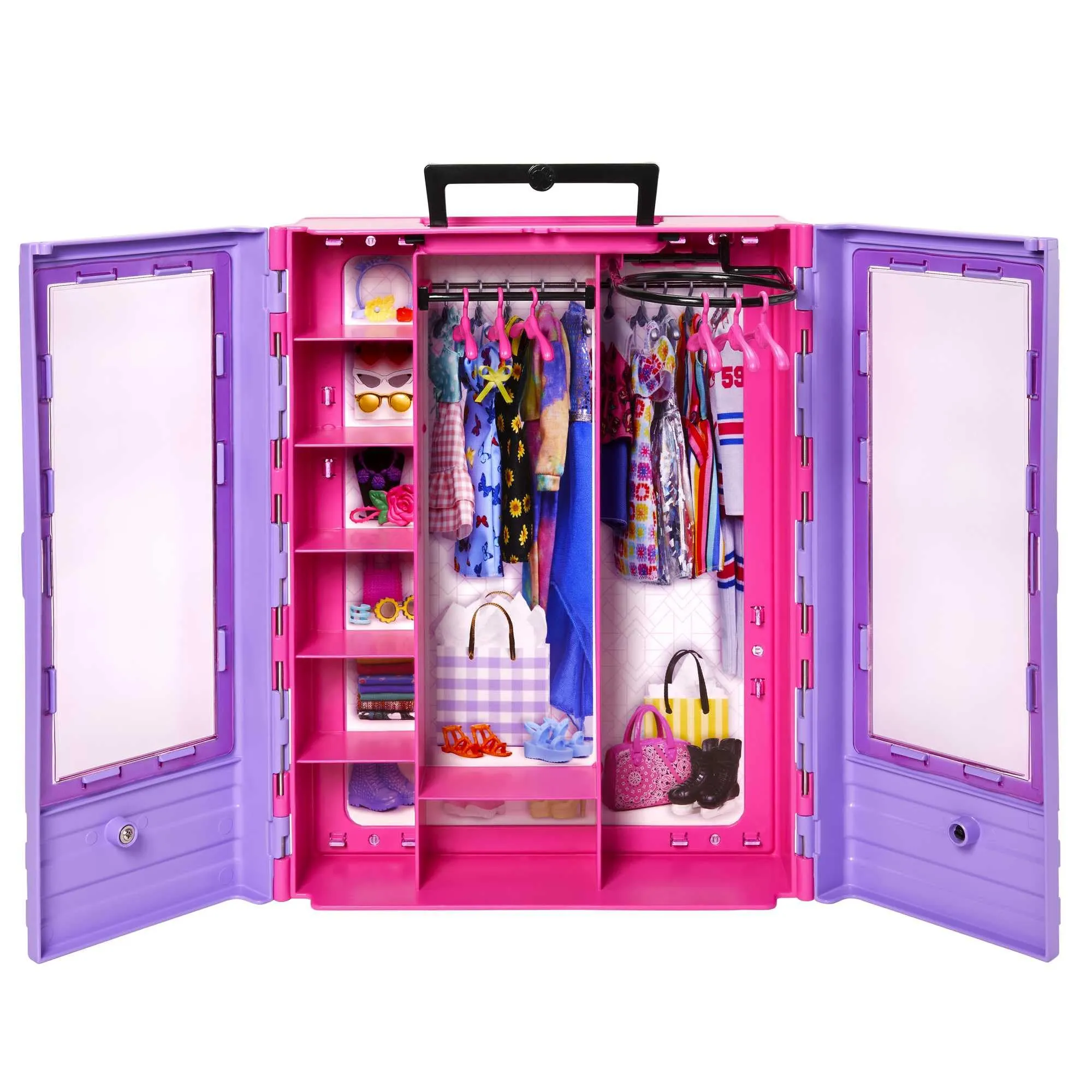 Barbie Puppen Barbie Fashionistas Ultimativer Kleiderschrank und Puppenspielset mit 3 Outfits, 6 Kleiderbügeln und 15 Accessoires (HJL66)