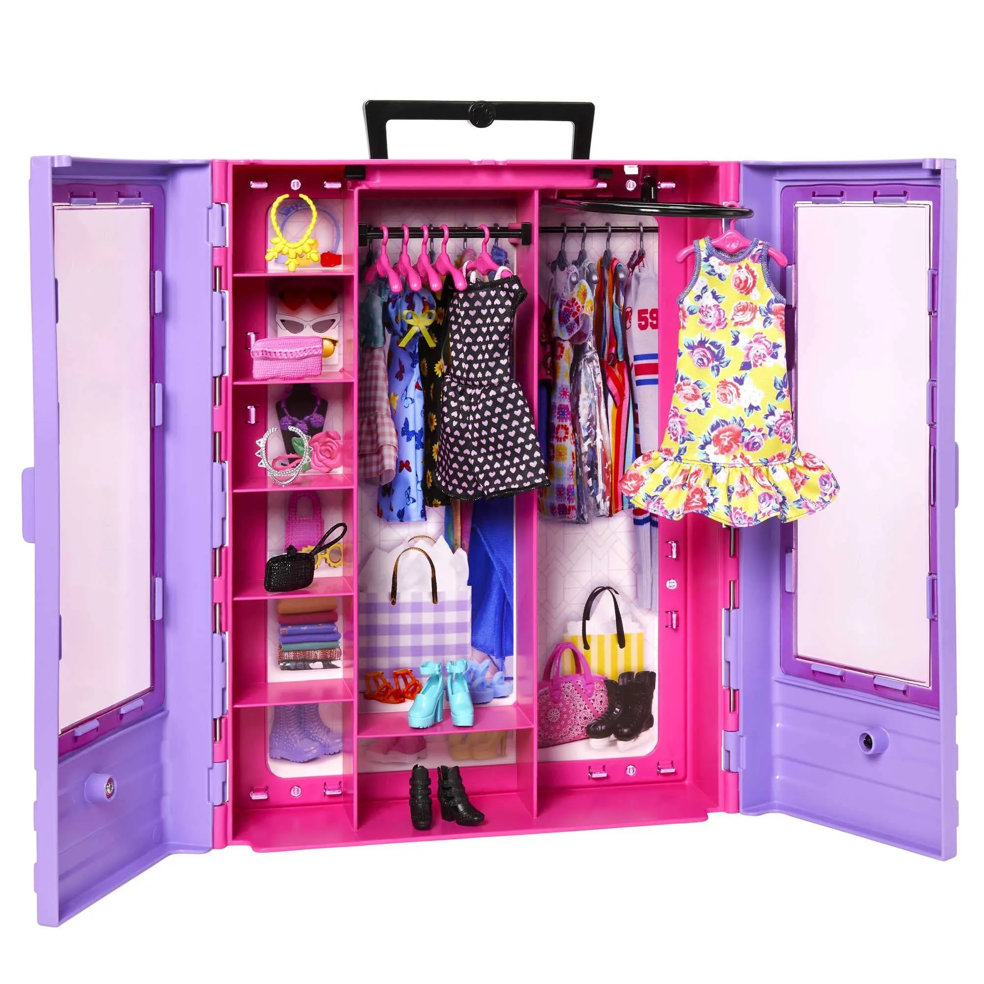 Barbie Puppen Barbie Fashionistas Ultimativer Kleiderschrank und Puppenspielset mit 3 Outfits, 6 Kleiderbügeln und 15 Accessoires (HJL66)