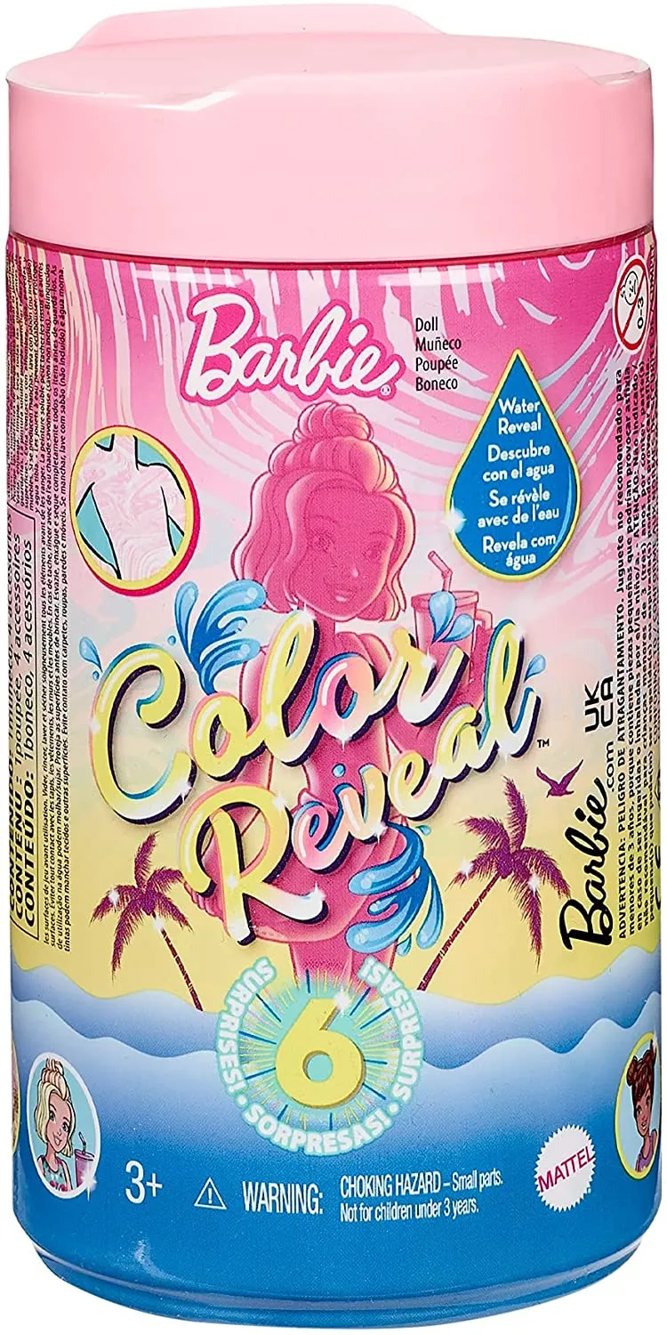 Barbie Puppen Barbie GTT25 Chelsea Color Reveal Puppe mit 6 Überraschungen: 4 Taschen mit Abdeckung, Schuhe, Handtuch & Zubehör, Mehrfarbig, 15,88 cm*8,4 cm*8,4 cm