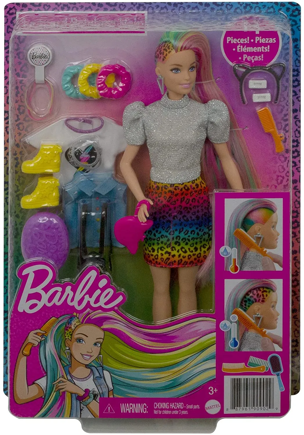 Barbie Puppe Barbie Leopard Regenbogenhaar Puppe (Blond) mit Farbwechsel-Haarfunktion, 16 Haar- & Modenspiel-Zubehör inklusive Haargummis, Bürste, modische Tops, Katzenohren, Katzenhandtasche für Kinder von 3 bis 7 Jahren
