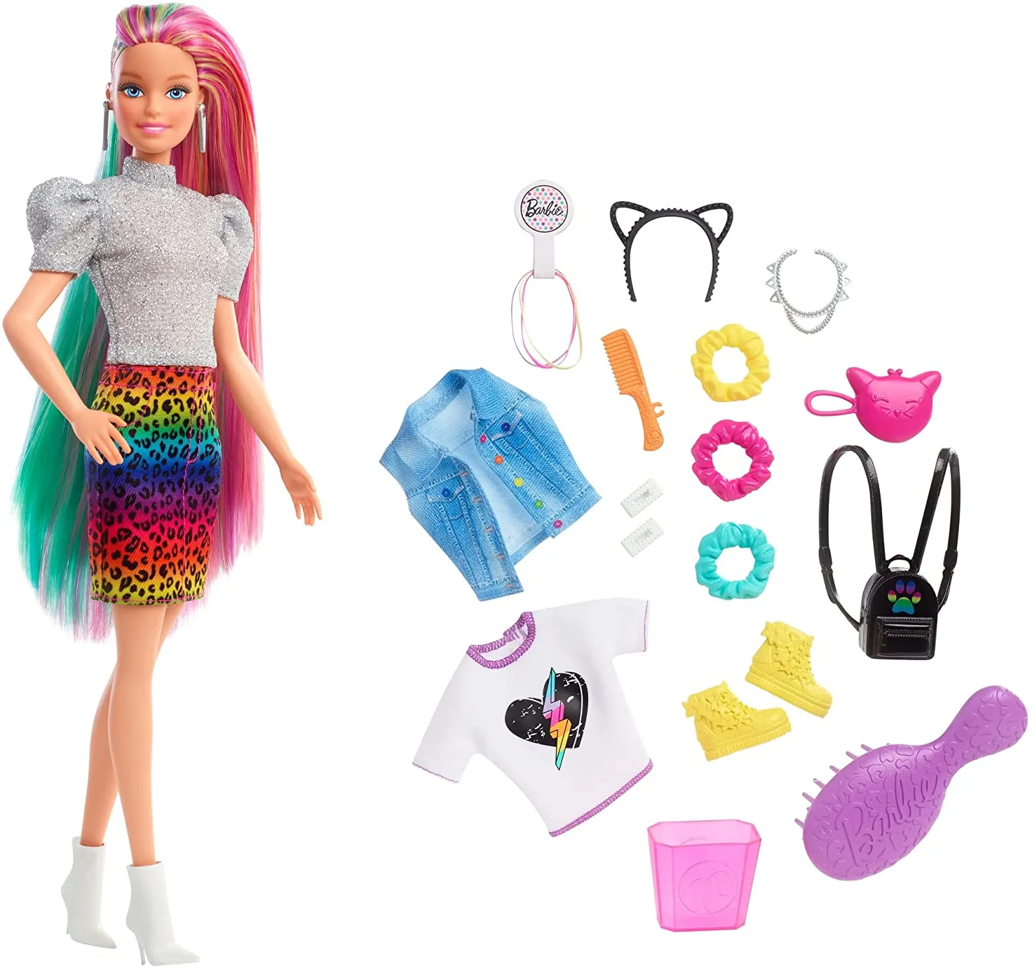 Barbie Puppe Barbie Leopard Regenbogenhaar Puppe (Blond) mit Farbwechsel-Haarfunktion, 16 Haar- & Modenspiel-Zubehör inklusive Haargummis, Bürste, modische Tops, Katzenohren, Katzenhandtasche für Kinder von 3 bis 7 Jahren