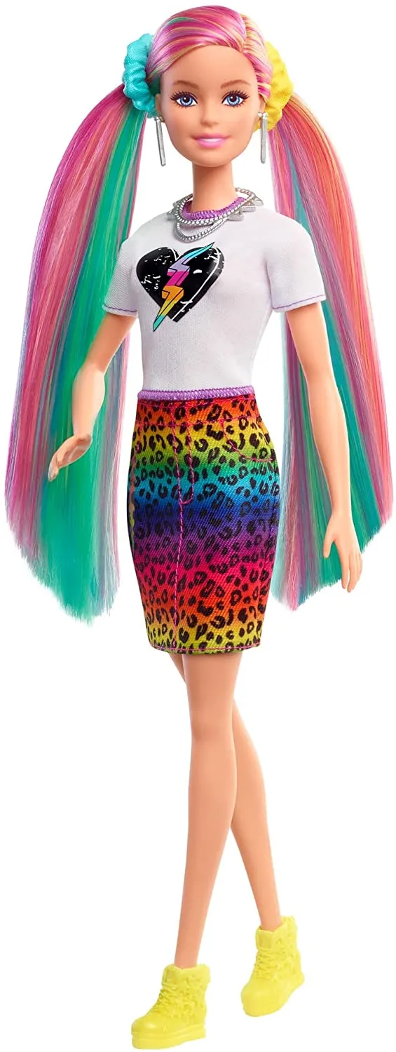 Barbie Puppe Barbie Leopard Regenbogenhaar Puppe (Blond) mit Farbwechsel-Haarfunktion, 16 Haar- & Modenspiel-Zubehör inklusive Haargummis, Bürste, modische Tops, Katzenohren, Katzenhandtasche für Kinder von 3 bis 7 Jahren