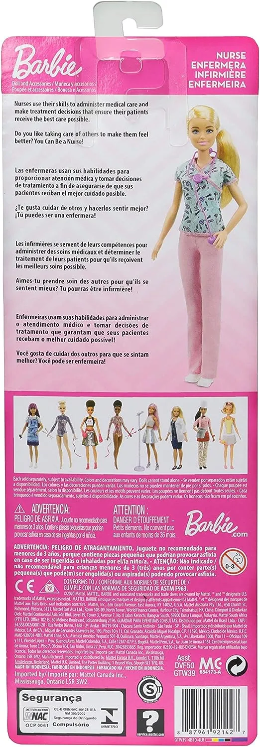 Barbie Puppe Barbie Krankenschwester Blondine mit Arztkittel, bedrucktem Oberteil mit medizinischem Werkzeugmuster & rosa Hose, weißen Schuhen & Stethoskop, Geschenk für Kinder ab 3 Jahren