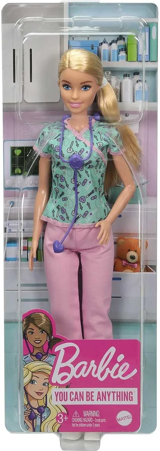 Barbie Puppe Barbie Krankenschwester Blondine mit Arztkittel, bedrucktem Oberteil mit medizinischem Werkzeugmuster & rosa Hose, weißen Schuhen & Stethoskop, Geschenk für Kinder ab 3 Jahren