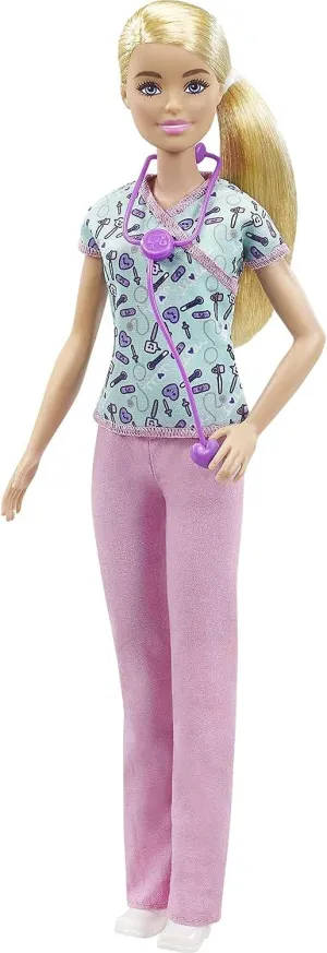 Barbie Puppe Barbie Krankenschwester Blondine mit Arztkittel, bedrucktem Oberteil mit medizinischem Werkzeugmuster & rosa Hose, weißen Schuhen & Stethoskop, Geschenk für Kinder ab 3 Jahren