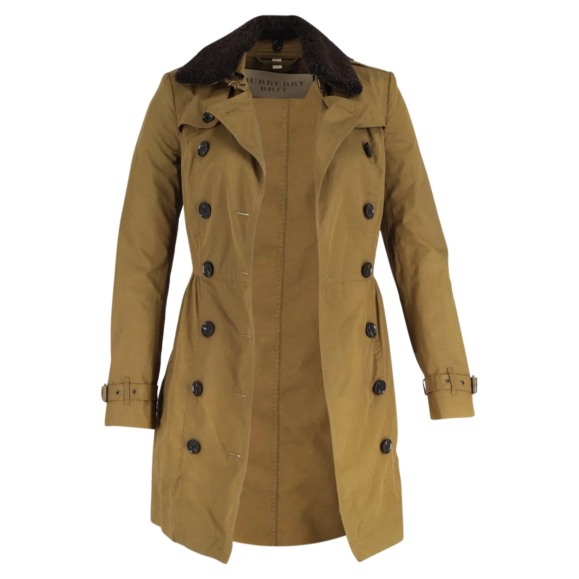 Burberry Brit Trenchcoat mit langem Schaffellkragen in olivgrüner Baumwolle