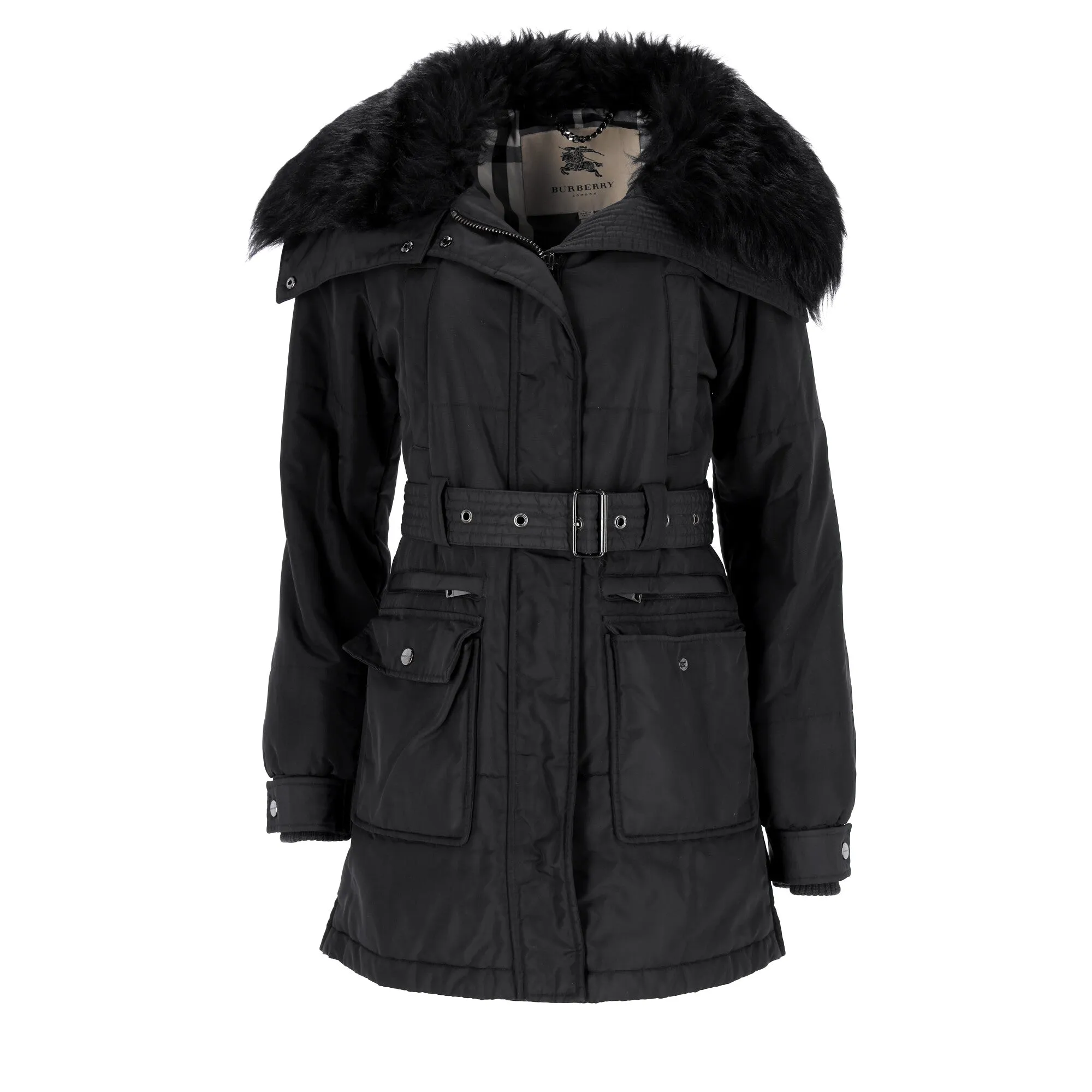 Burberry London Gürtel-Trenchcoat mit Pelzbesatz in Schwarz aus Polyamid