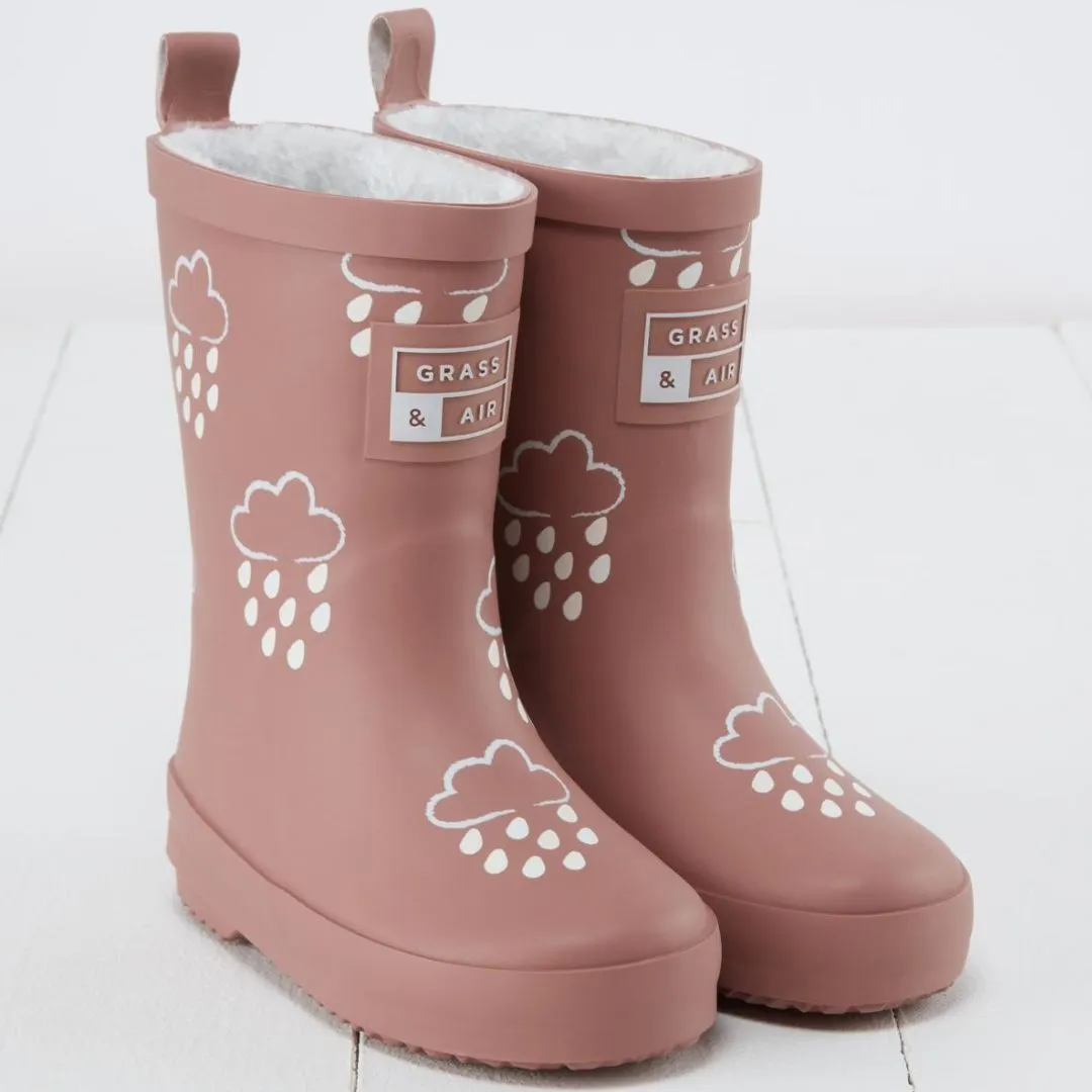 Gras & Luft: Rosa farbwechselnde Kinder-Gummistiefel mit Teddy-Fleece-Futter