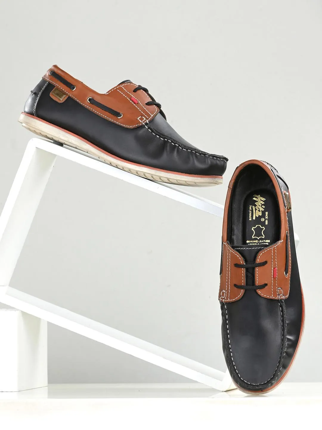 Hitz Herren-Schnürschuhe aus schwarzem Leder im Bootsschuhe-Design