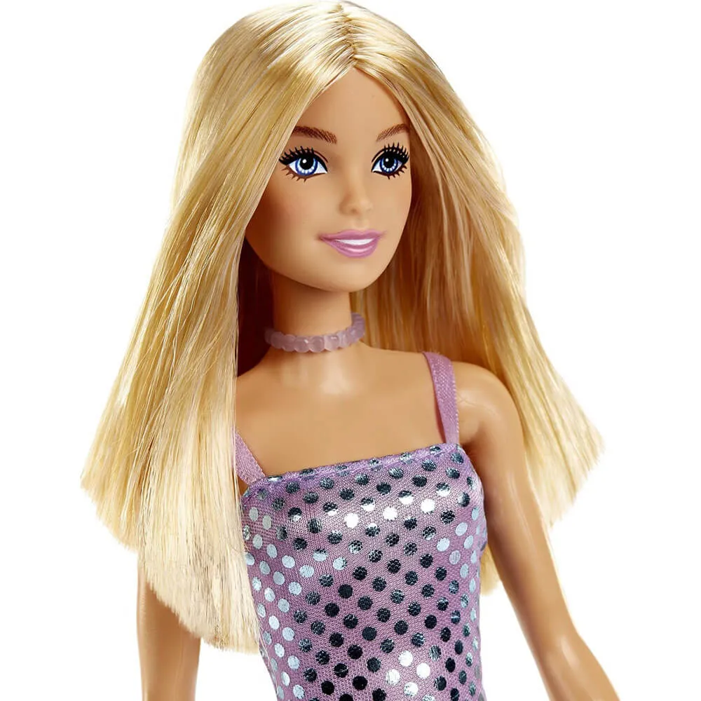 Mattel Toys Barbie Mini Glitz Puppe Blondine im Lavendel Metallic Kleid