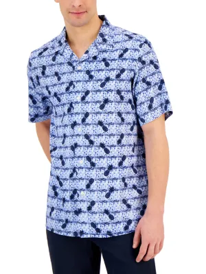 Herren Hemd mit Ananasdruck und Knopfleiste, Blau