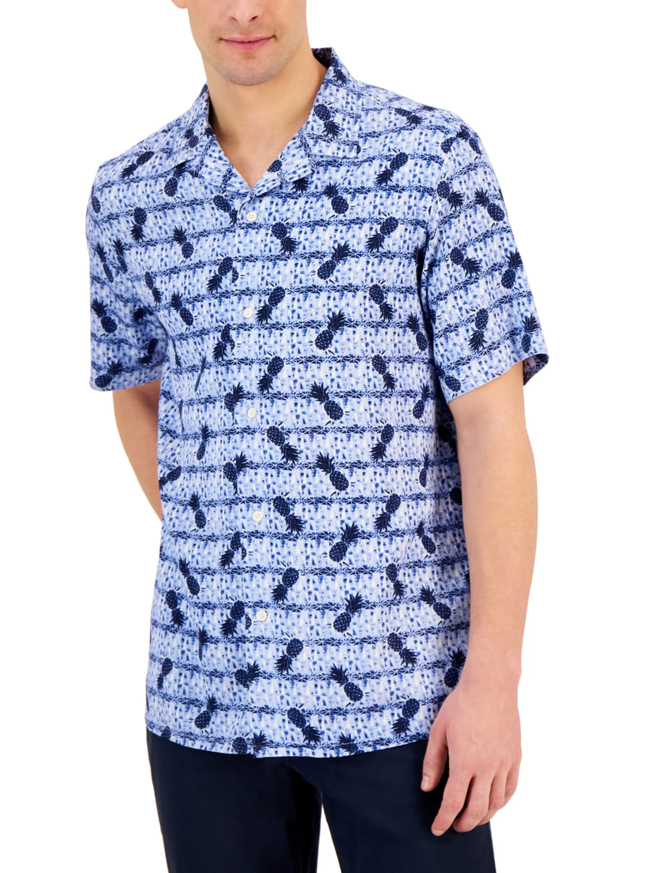 Herren Hemd mit Ananasdruck und Knopfleiste, Blau