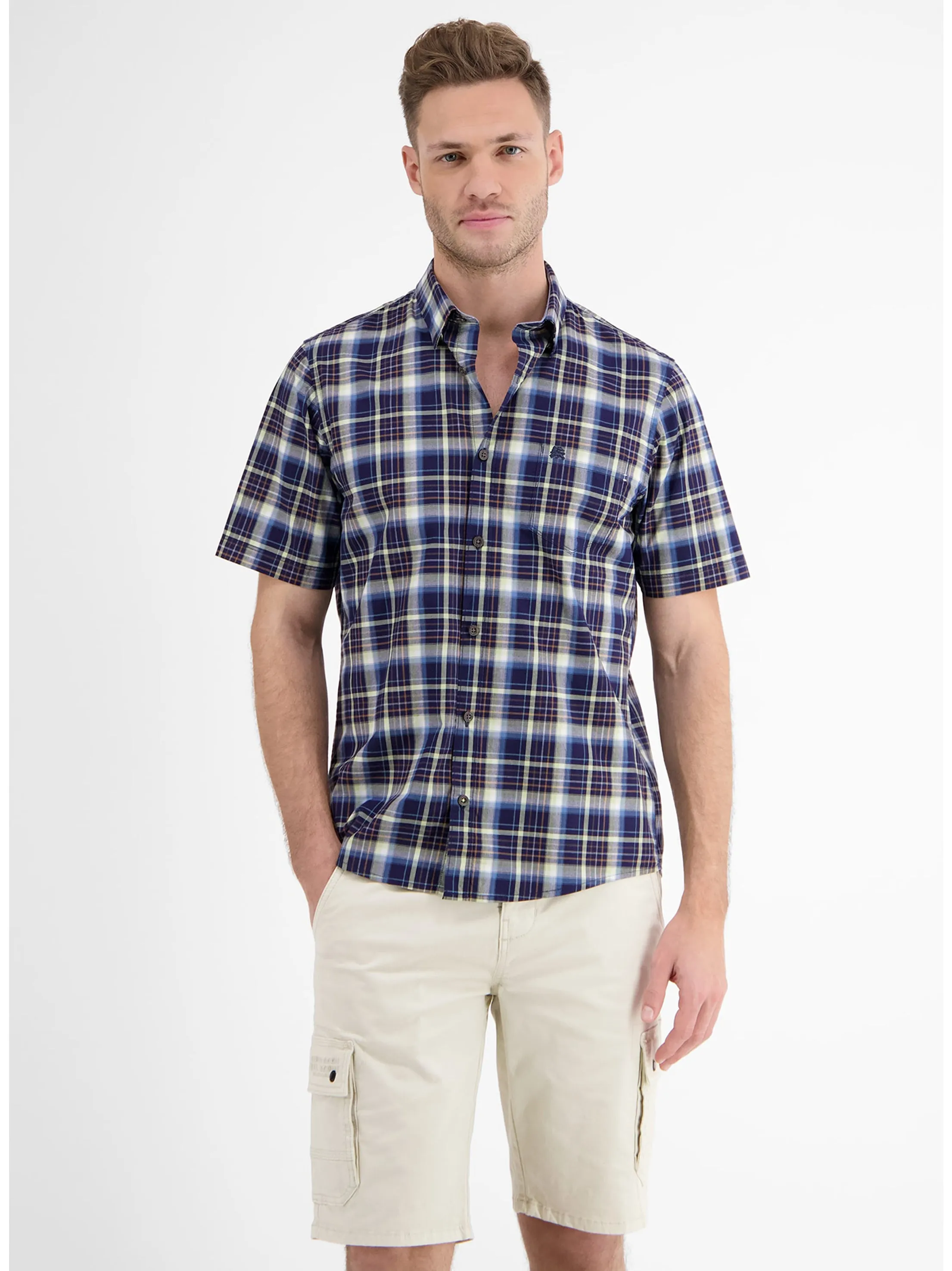 Herren-Karo-Hemd, Marineblau/Gelb