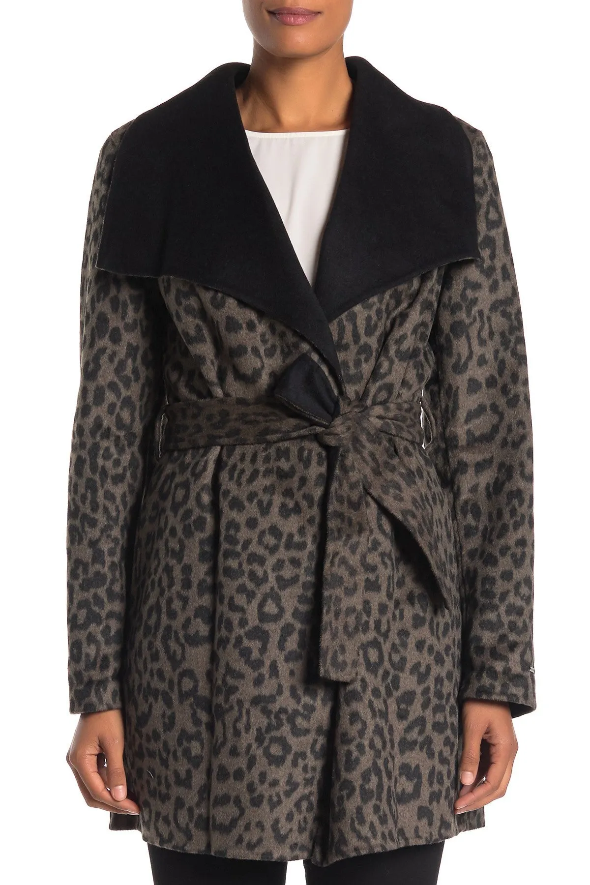 T Tahari Ella Leopard Doppelseitiger Woll-Mantel mit Gürtel