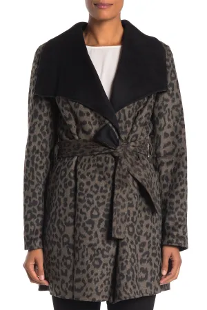 T Tahari Ella Leopard Doppelseitiger Woll-Mantel mit Gürtel