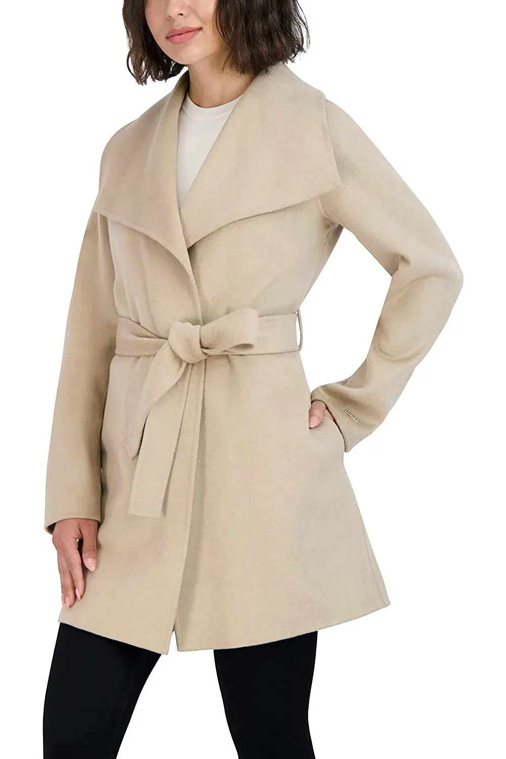 Tahari Damen Woll-Wickelmantel mit Bindegürtel, Hellbeige