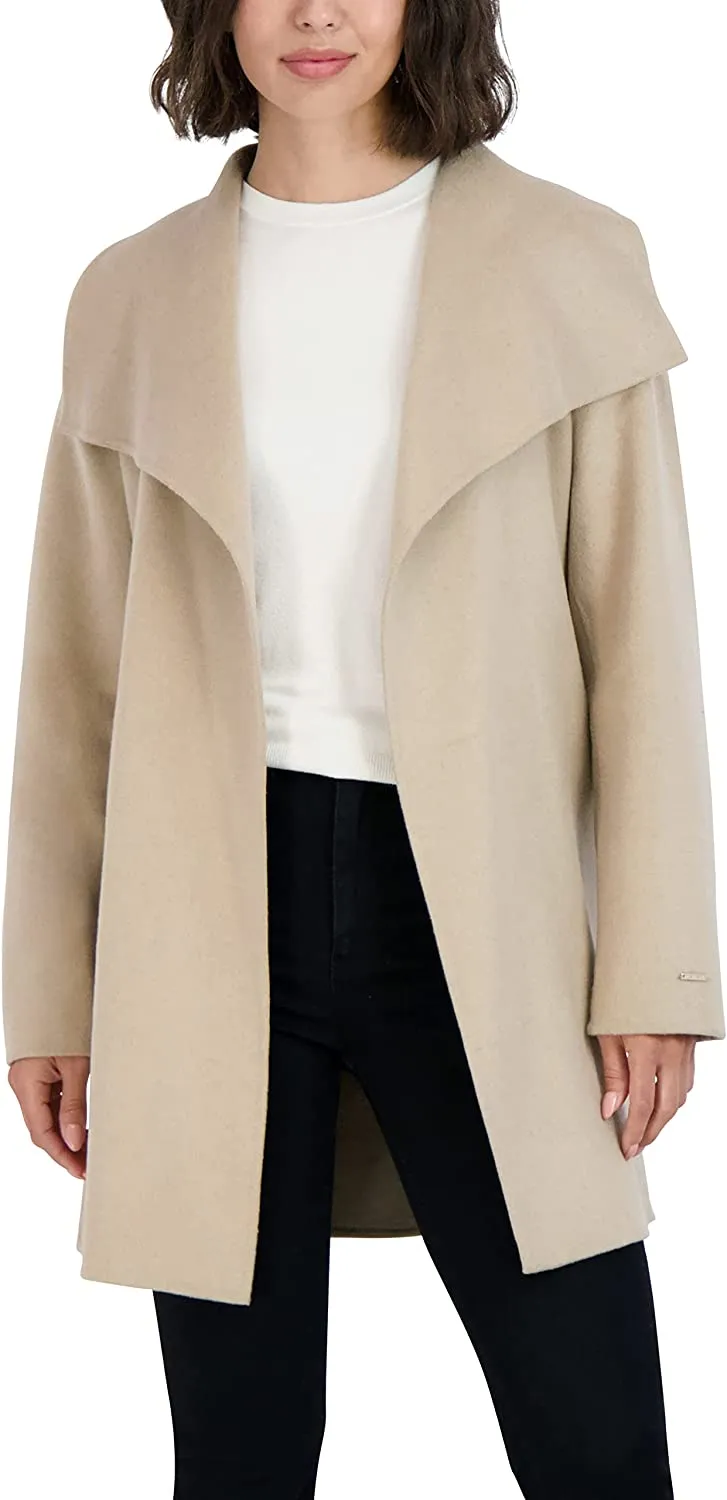 Tahari Damen Woll-Wickelmantel mit Bindegürtel, Hellbeige