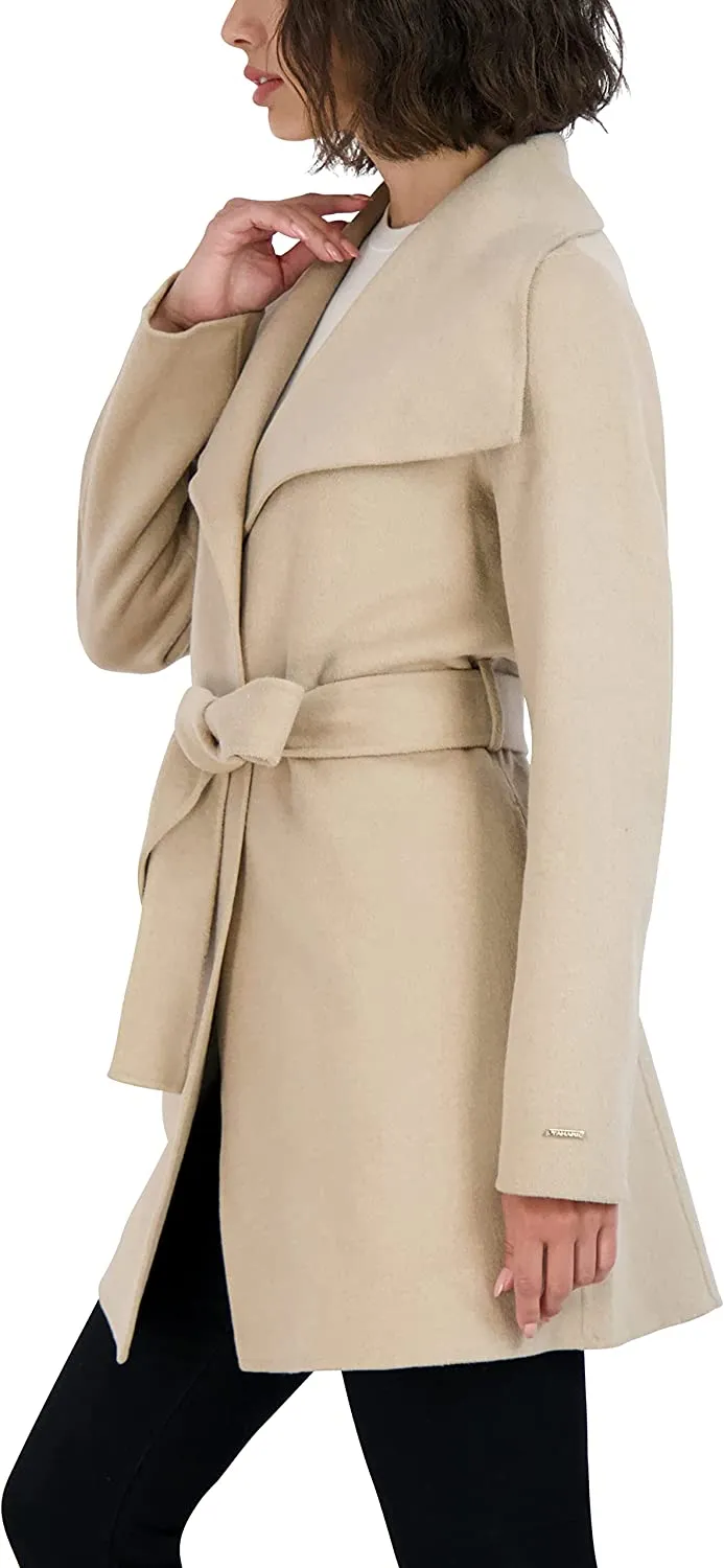 Tahari Damen Woll-Wickelmantel mit Bindegürtel, Hellbeige